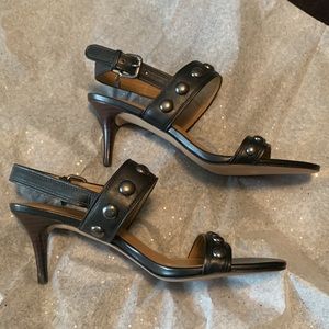 COACH black leather sandals/heels with chrome rivets, NWOT. 6.5